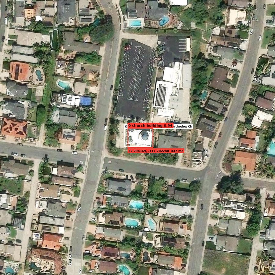 Objects detected and placed on a map from aerial imagery